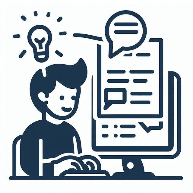 Icon of a lady looking at a document on her computer with an idea bubble over her head